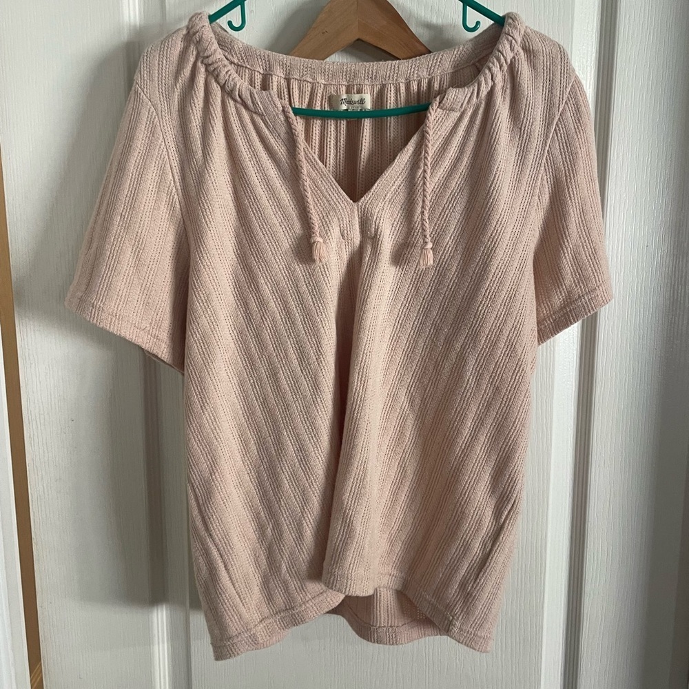 Madewell‎ Womens Small Pink Ribbed Knit Tassel Tie V-Neck Short Sleeve Blouse